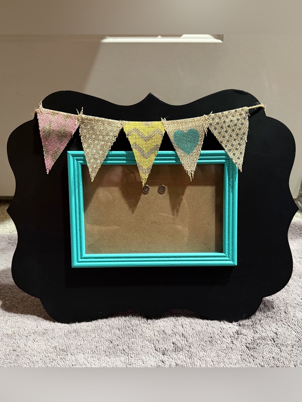 Hobby Lobby Black Frame with Turquoise Inner Frame and Burlap Banner